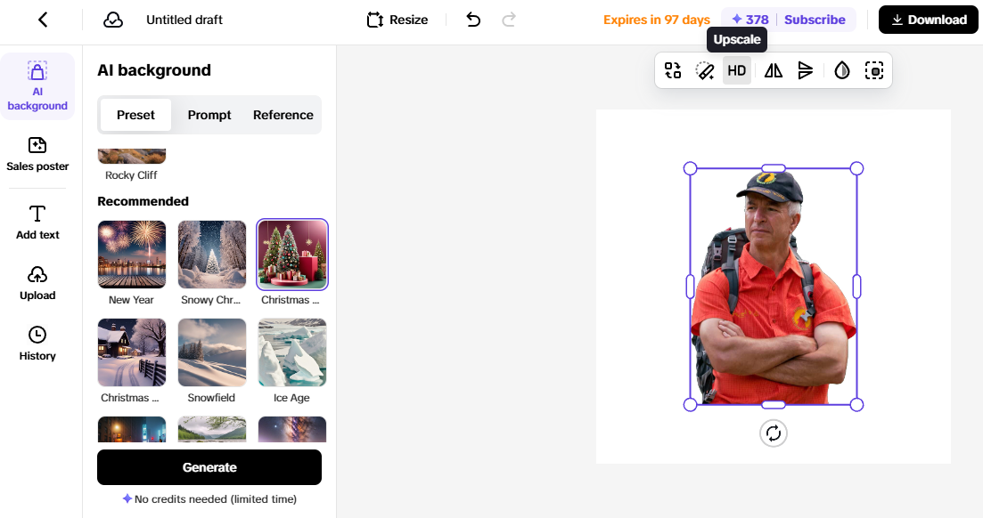 AI background editing tool with a hiker in a red shirt, ideal for print-on-demand customization.